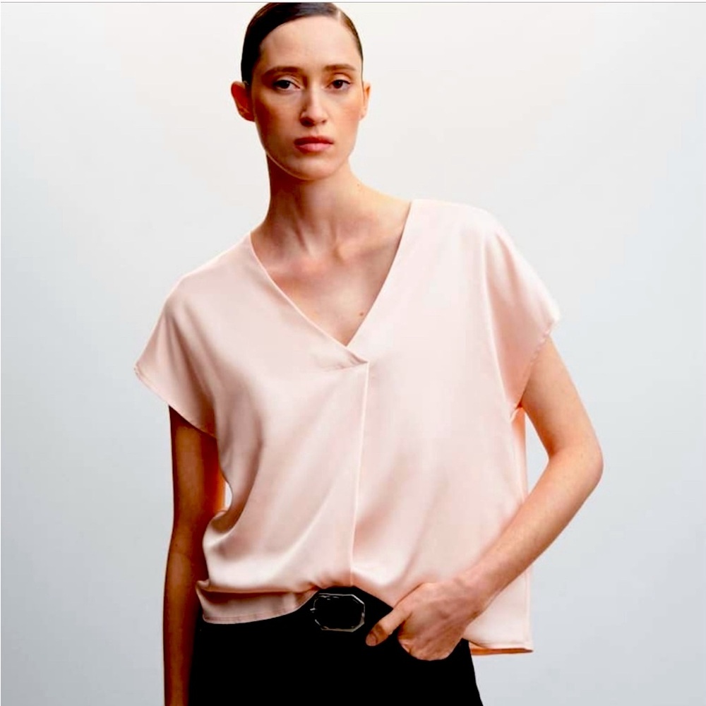 Mango MNG Pink Blush Satin V Neck Semi Sheer Short Sleeve Blouse Top